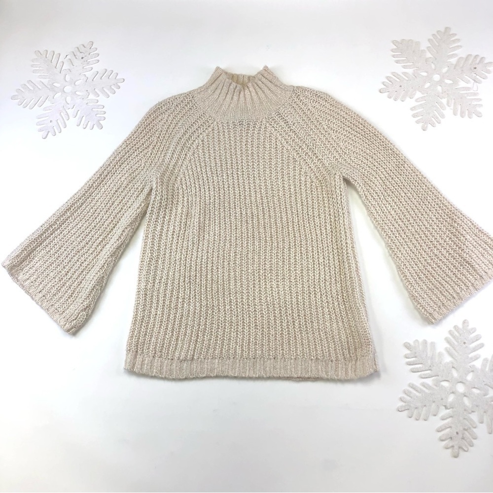 Chaps cream rib knit metallic silver flare sleeve knit turtleneck Small